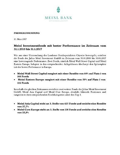  Pressesendung - Meinl Investmentfonds mit bester Performance im Zeitraum vom 31.1.2016 bis 31.1.2017