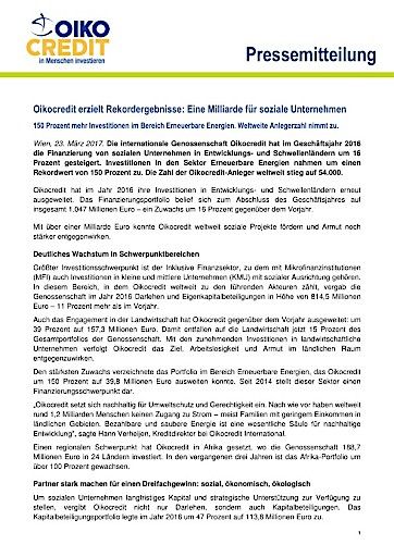 Oikocredit erzielt Rekordergebnisse: Eine Milliarde für soziale Unternehmen - Langtext.