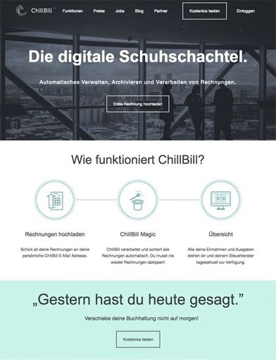Vorschau Bild von ChillBill Landing Page mit kurzer Produktbeschreibung.