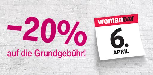 T-Mobile ist beim Woman Day 2017 dabei und bietet
minus 20 Prozent auf die monatliche Grundgebühr bei Neuanmeldung
oder Vertragsverlängerung eines Tarifs für 24 Monate (Privatkunden,
Sprach- und Datentarife).