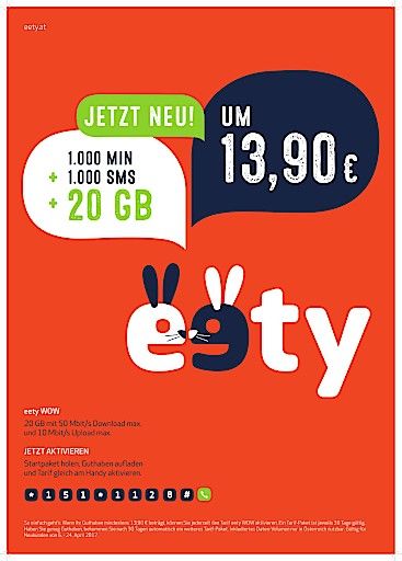  eety WOW: Österreichs günstigste Wertkarte mit 20 GB LTE um nur 13,90 € monatlich.