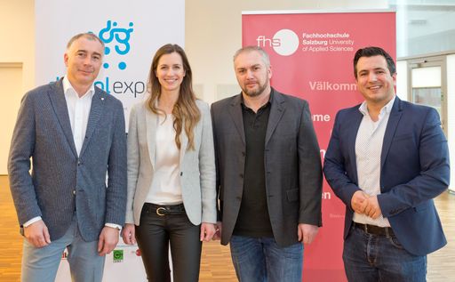 Freuen sich über den erfolgreichen Start: Michael
Mrazek (WKS Fachgruppen-Obmann und ncm.at-Gründer), Eva Reitsperger
(Geschäftsführerin Fachgruppe Werbung), Oliver Hauser (Mitinitiator,
Veranstalter der SEOkomm und OMX, Inhaber get on top gmbh) sowie
Mario Jooss (Lehrgangsleiter, FH Salzburg)