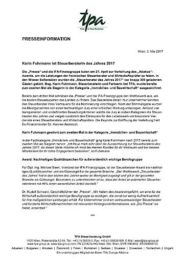 Vorschau Bild von Presseaussendung Karin Fuhrmann ist Steuerberaterin des Jahres 2017