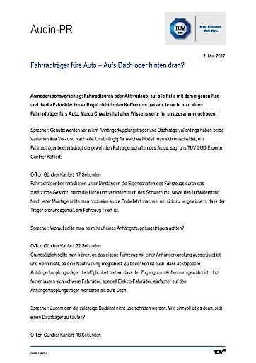 Vorschau Bild von Manuskript zum Thema "Fahrradträger fürs Auto - Aufs Dach oder hinten dran?"