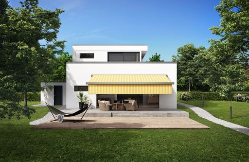 Vorschau Bild von Die Terrassenmarkise markilux 970 liegt mit ihrem
schlicht puristischen Design, das bereits zweifach prämiert ist,
ganz im Trend urbaner Wohnkultur. Um der Markise noch mehr Komfort
zu verleihen, gibt es sie jetzt auch mit der Funktion Schattenplus,
einer zusätzlichen Markise, die sich aus dem vorderen Profil als
Blend-, Sicht- und Hitzeschutz nach unten absenken lässt.