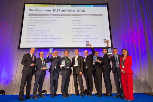 FMVÖ-Recommender-Gewinner 2017 v.l.n.r.: Erich
Mayer (Präsident FMVÖ, Geschäftsführer Bank Austria Finanzservice),
Rainer Henke (Vorstand CFO easybank), Wenzel Staub
(Vorstandsvorsitzender muki Versicherungsverein auf
Gegenseitigkeit), Markus Nepf (Pressesprecher Österreichischer
Sparkassenverband), Franz Mair (Vorstandsdirektor TIROLER
VERSICHERUNG), Erik Venningdorf (Vorstandsdirektor Grazer
Wechselseitige Versicherung), Manfred Bartalszky (Vorstandsdirektor
Sparkassen Versicherung), Thomas Hlosta (Landesdirektor Wien/NÖ/Bgld
Erste Bank), Markus Sattel (Vorstandsdirektor Salzburger Sparkasse),
Cornelia Edinger (Senior Manager Sopra Steria Consulting)