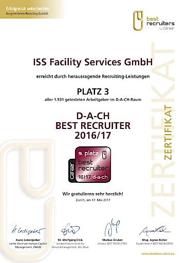 Vorschau Bild von Best Recruiters Studie - D-A-CH-Region- 3.Platz 2016 - 2017 - ISS_Zertifikat