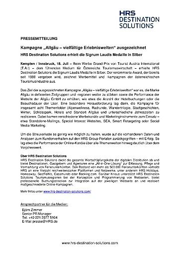  Pressemitteilung: Kampagne „Allgäu – vielfältige Erlebniswelten“ ausgezeichnet