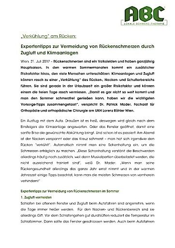 Vorschau Bild von Presseaussendung Rückenschmerzen durch Klimaanlage (Vollversion)