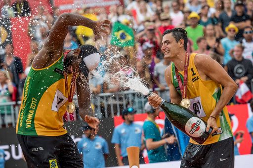  Gold Medalists Evandro Goncalves Oliveira Junior
and Andre Loyola Stein of Brazil at the Award Ceremony of the Beach
Volleyball World Championships in Vienna, Austria on August 5, 2017.