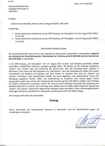Anzeige bei der Staatsanwaltschaft Wien