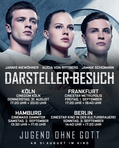 JUGEND OHNE GOTT - Darstellerbesuch in Frankfurt,
Hamburg und Berlin / Constantin Film Verleih GmbH/JUGEND OHNE GOTT,
Regie Alain Gsponer, mit Jannis Niewöhner, Alicia von Rittberg,
Jannik Schümann / Weiterer Text über ots und
www.presseportal.de/nr/12946 / Die Verwendung dieses Bildes ist für
redaktionelle Zwecke honorarfrei. Veröffentlichung bitte unter
Quellenangabe: "obs/Constantin Film/Max von Treu"