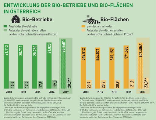 Entwicklung der Bio-Flächen und Bio-Betriebe in Österreich