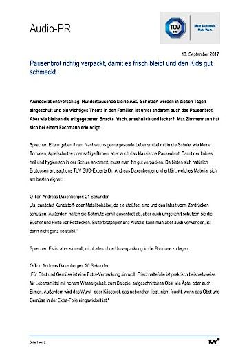 Vorschau Bild von Manuskript zum Thema "Pausenbrot richtig verpackt, damit es frisch bleibt und den Kids gut schmeckt"