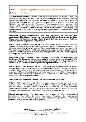 Vorschau Bild von Manuskript zum Thema "Wenn's im Magen brennt - Säureblocker nicht ohne Risiko"