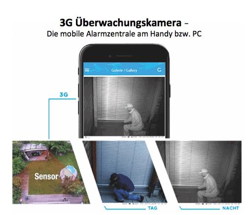 Vorschau Bild von Funktionsweise der 3G Überwachungskamera: Die
Kamera ist ideal zur Überwachung, auch für Wochenendhäuser oder
-wohnungen.