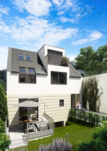 Vorschau Bild von Schaubild einer Doppelhaushälfte mit Garten.
Insgesamt werden 4 Doppelhaushälften errichtet.