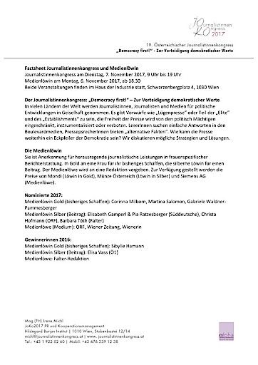 Vorschau Bild von Factsheet zur Medienlöwin und Journalistinnenkongress 2017