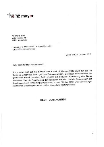  Rechtsgutachten von Univ.-Prof. DDr. Heinz Mayer zur Novellierung des Tiroler Parteienfinanzierungsgesetzes