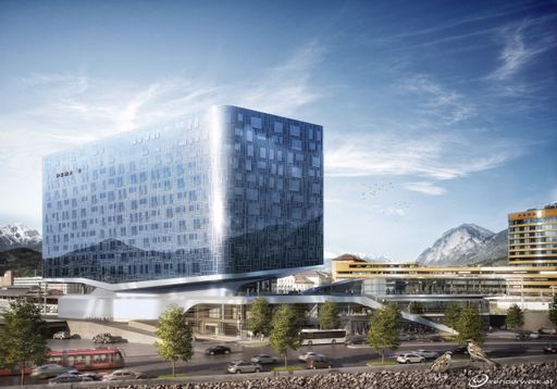  Im Vordergrund ein Visualisierung von P2 des Büro LAAC und rechts
hinten P1 von Henke Schreieck rund um den Innsbrucker Bahnhof.