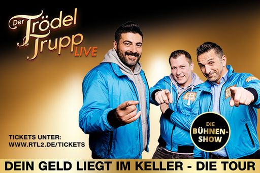 Vorschau Bild von In mehr als 700 Sendungen von "Der Trödeltrupp -
das Geld liegt im Keller" konnten die Verkaufsprofis Otto Schulte,
Mauro Corradino und Sükrü Pehlivan allerlei Schätze aus Kellern,
Dachböden oder Schuppen bergen. Nun gehen die Drei mit "Der
Trödeltrupp LIVE - Dein Geld liegt im Keller" erstmals auf die große
Bühne. © RTL II - Recht zum Abdruck/Darstellung zeitlich/sachlich
beschränkt auf die Bewerbung der Sendung.