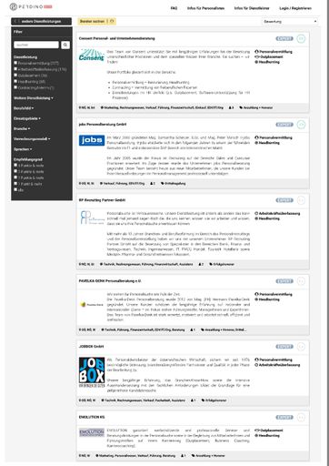  Screenshot zur Suchergebnisliste von
Personaldienstleistern auf PERDINO. Im linken Bereich können Nutzer
nach Eigenschaften filtern und den passenden Dienstleister finden.