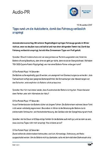 Vorschau Bild von Manuskript zum Thema "Tipps rund um die Autobatterie, damit das Fahrzeug verlässlich anspringt"