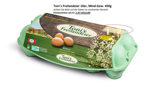 Vorschau Bild von Toni's Freilandeier 10er Packung mit Mindestgewicht
450g