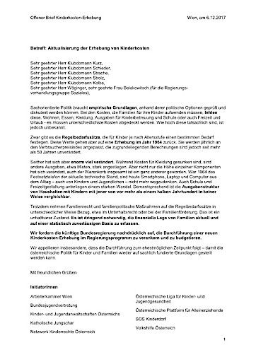 Vorschau Bild von Offener Brief Kinderkostenerhebung