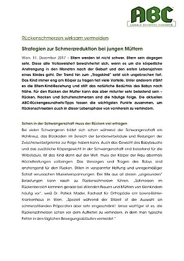 Rückenschmerzen bei jungen Müttern, Vollversion der Presseaussendung