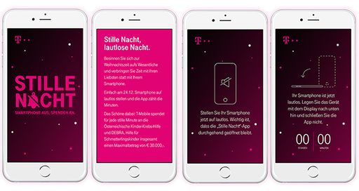 Vorschau Bild von Ab sofort steht wieder die „Stille Nacht“-App von
T-Mobile bereit, die am Weihnachtstag lautlose Minuten zählt. Jede
Österreicherin und jeder Österreicher kann bei dem digitalen Detox
mitmachen und muss nur die „Stille Nacht“-App für Android und iOS
öffnen, das Smartphone lautlos stellen und mit dem Display nach
unten platzieren.