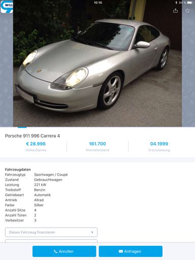 Porsche 911 / 996 Carrera 4 – das ehemalige
Sportcoupé von Kai Pflaume wird auf willhaben verkauft.