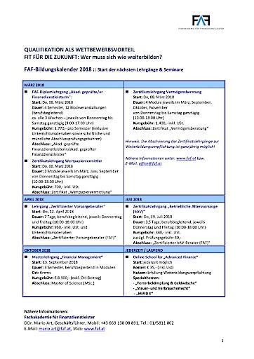  Übersicht der einzelnen Finanzdienstleister-Berufsgruppen: Wer muss sich wie weiterbilden? FAF-Bildungskalender 2018 - Übersicht zu den Weiterbildungsterminen.