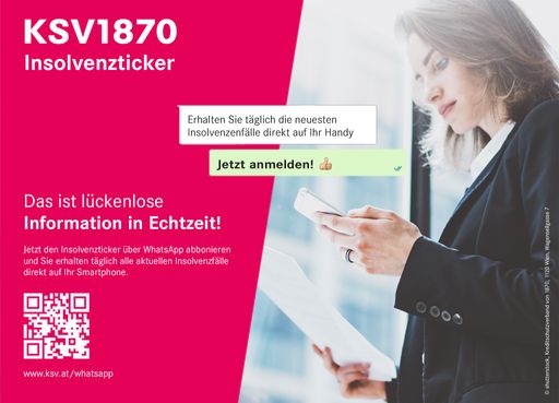 "Zwei Mal täglich spielen wir nun die aktuellen
Unternehmensinsolvenzen über den Ticker aus. Die Informationen sind
nach Anmeldung erhältlich, topaktuell und kostenfrei verfügbar", so
KSV1870 Geschäftsführer Mag. Ricardo-José Vybiral, MBA.
