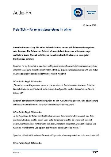 Vorschau Bild von Manuskript zum Thema "Freie Sicht - Fahrerassistenzsysteme im Winter"
