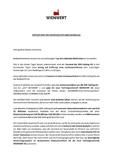 Vorschau Bild von WIENWERT: offener Brief des Vorstands der WW Holding AG