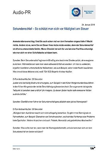 Vorschau Bild von Manuskript zum Thema "Sekundenschlaf - So schützt man sich vor Müdigkeit am Steuer"