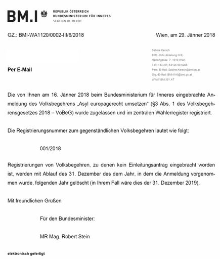 Vorschau Bild von Bestätigung der Einreichung des ASYL-Volksbegehrens