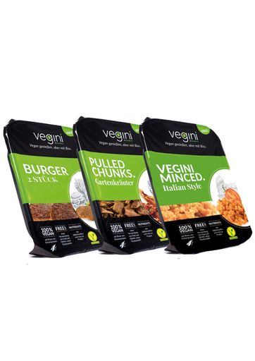 Vorschau Bild von Diverse vegini Verpackungen, so, wie sie im
Lebensmitteleinzelhandel erhältlich sind.