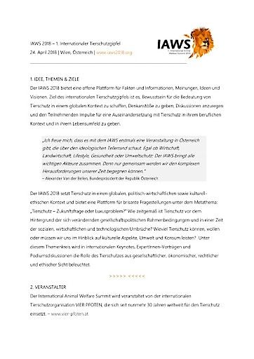 Vorschau Bild von Informationen über den von VIER PFOTEN organisierten 1st International Animal Welfare Summit (IAWS) am 24. April 2018 in Wien