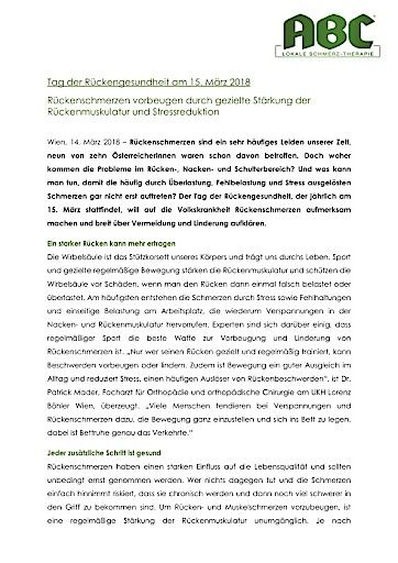 Vorschau Bild von Vollversion der Presseaussendung zum Tag der Rückengesundheit 2018