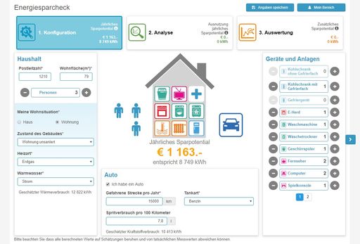 Abb. 1: Konfigurationsseite des neuen Energiespar-Checks mit
typischen Verbraucherdaten