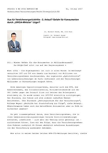 Vorschau Bild von Aus für Versicherungsrücktritte - 2. Anlauf? Gefahr für Konsumenten durch „UNIQA-Minister“ Löger?