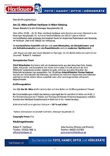 Vorschau Bild von Pressemeldung Am 22. März eröffnet Hartlauer in Wien-Hietzing Neuer Standort in der Hietzinger Hauptstraße 15
