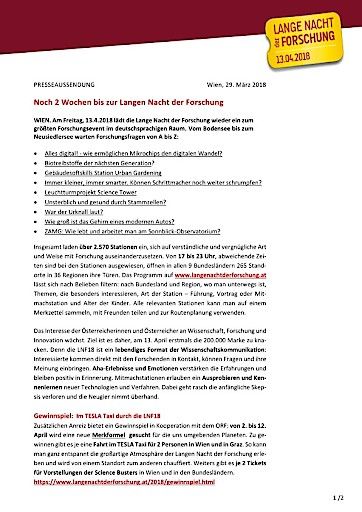  Presseaussendung "Noch 2 Wochen bis zur Langen Nacht der Forschung"