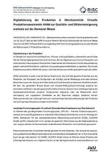  Digitalisierung der Produktion in Oberösterreich: Virtuelle Produktionsassistentin ANNA zur Qualitäts- und Effizienzsteigerung erstmals auf der Hannover Messe