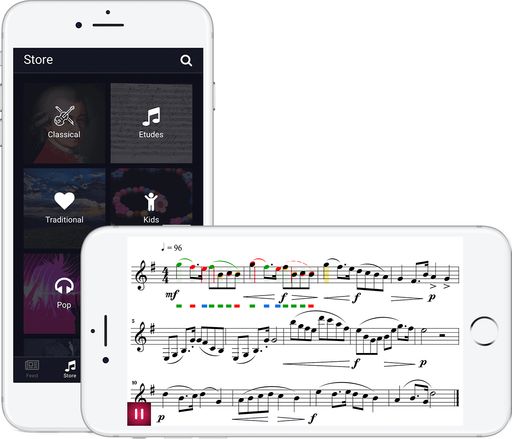 Der hier abgebildete Screen bildet das Notenbild inkl. Feedback
in der App ab. Bewertet werden Intonation und Rhythmik. In der App
gibt es auch eine Vielzahl an Musikstücken unterschiedlicher Genres.