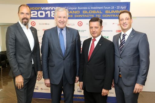 Jürgen Roth, Vizepräsident WKO Martin Eichtinger,
Landesrat für internationale Beziehungen der Niederösterreichischen
Landesregierung Gerhard Hrebicek, Präsident European Brand Institute
Stefan Krenn, Generalsekretär Novomatic (v.l.n.r.)
