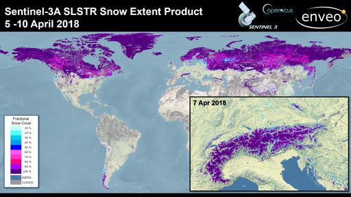 Durchschnittliche Schneebedeckung 5.-10. April 2018 global und am
7. April 2018 im Alpenraum basierend auf Copernicus Satellitendaten.