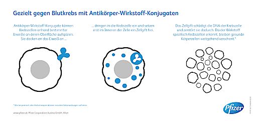 Vorschau Bild von Eine neu zugelassene Therapie von Pfizer bringt Patienten mit
akuter myeloischer Leukämie (AML) neue Hoffnung. Das Medikament (ein
sogenanntes Antikörper-Wirkstoff-Konjugat) basiert auf einem
Wirkmechanismus, der gezielt gegen Krebszellen vorgeht.
Wirkmechanismus vereinfacht in Infografik dargestellt.